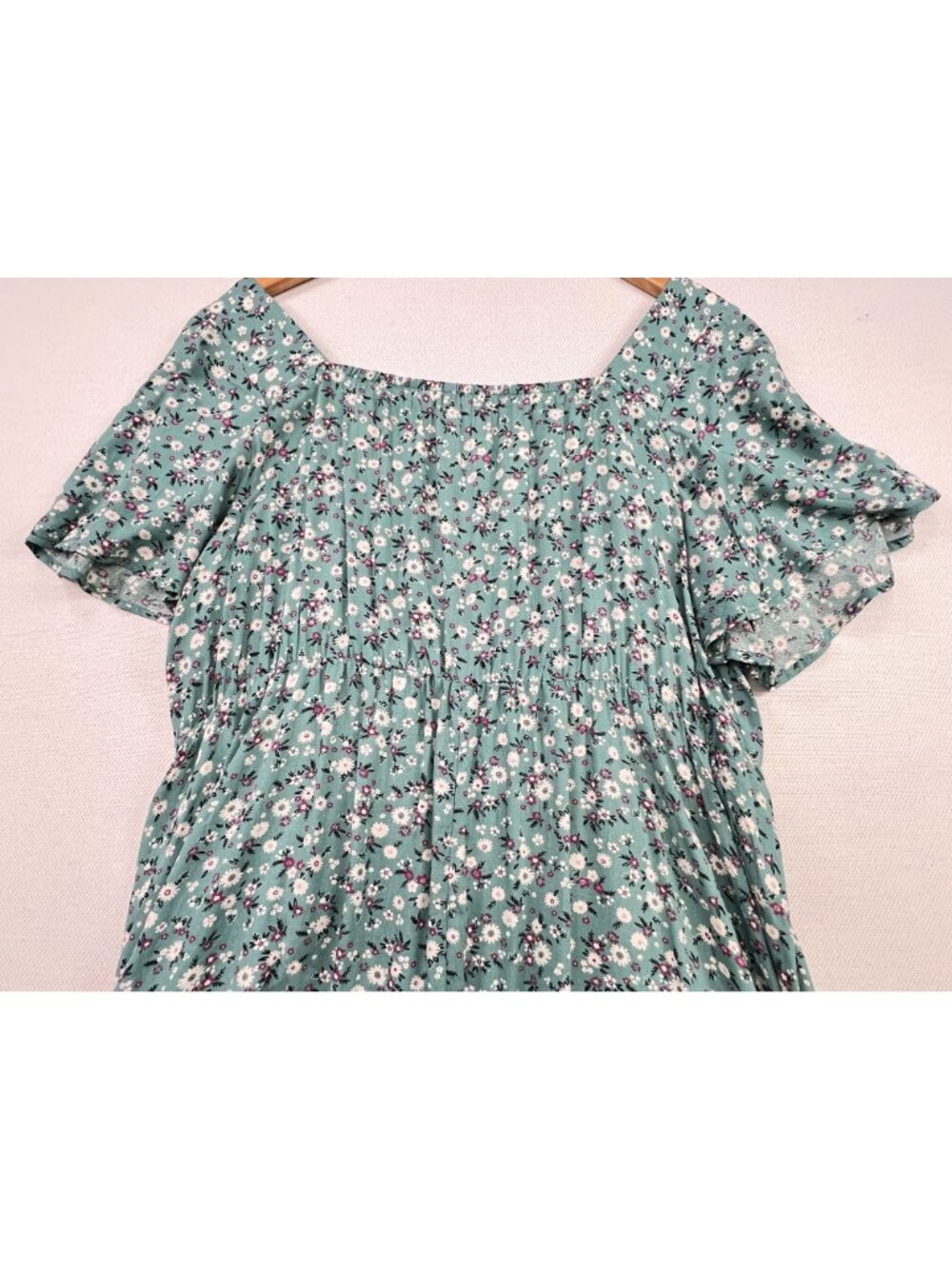 Womens Cottagecore Drawstring Maxi Dress Flutter Sleeve 18-20 Green Blue Floral - Picture 14 of 15